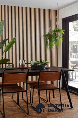 Modern Dining Room with Vertical Wood Paneling and Hanging Plants | Material Depot