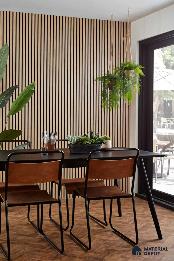 Modern Dining Room with Vertical Wood Paneling and Hanging Plants | Material Depot