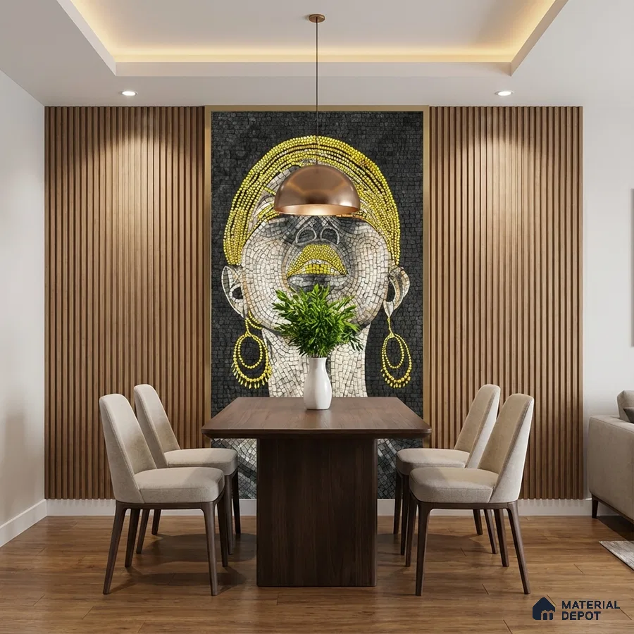Modern dining room with walnut wood fluted wall panels and mosaic poster wall tile accent
