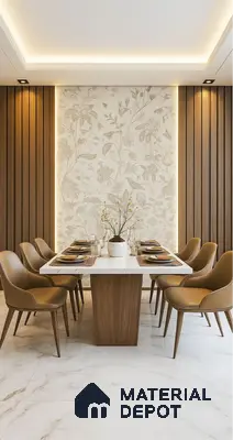 Modern dining room with walnut wood louvers, floral wallpaper, and white marble floor tiles in Sobha Chrysanthemum Thanisandra 3 BHK Bengaluru Apartment