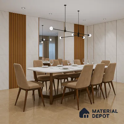 Modern Dining Room with White Marble Panels and Wooden Louvers in 3 BHK Sobha City Santorini, Thanisandra | Material Depot
