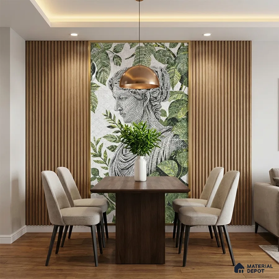Modern dining room with wood flooring, vertical wood louvers, and mosaic poster wall tile accent wall
