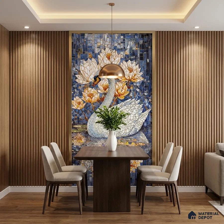 Modern dining room with wood fluted wall panels and blue swan mosaic accent wall