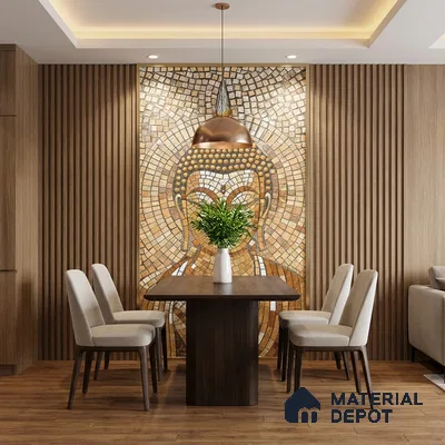 Modern dining room with wood louver panels, Buddha mosaic poster wall mural tile accent wall, and walnut wooden flooring
