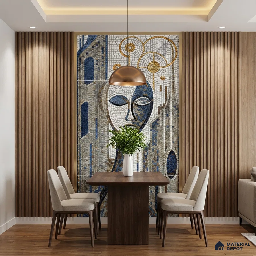 Modern dining room with wood louvers and artistic mosaic poster wall mural tile accent wall