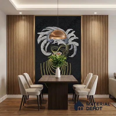 Modern dining room with wooden fluted wall panels and black mosaic poster wall tile accent wall