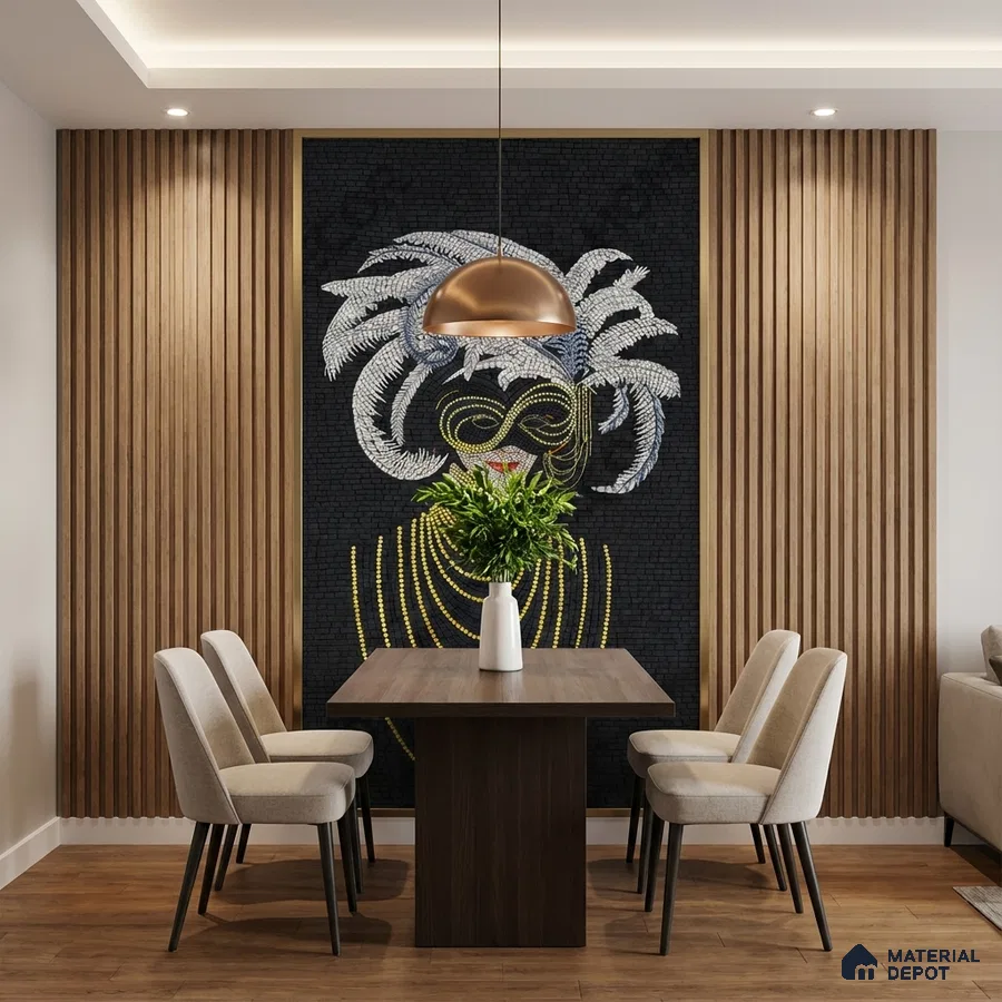 Modern dining room with wooden fluted wall panels and black mosaic poster wall tile accent wall
