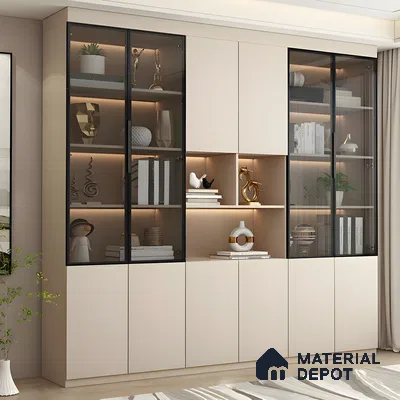 Modern Display Cabinet With Beige Matte Finish And Black Glass Shutters | Material Depot
