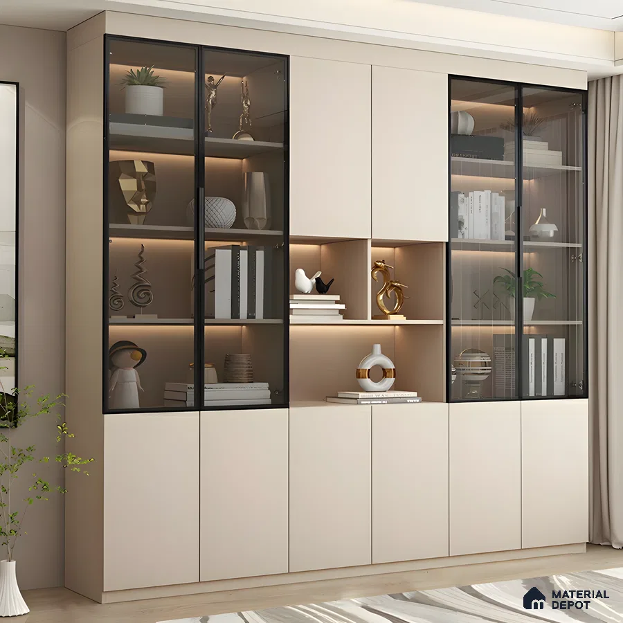 Modern Display Cabinet With Beige Matte Finish And Black Glass Shutters | Material Depot
