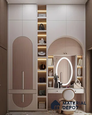 Modern Dressing Room with Arched Doors and Vanity | Material Depot