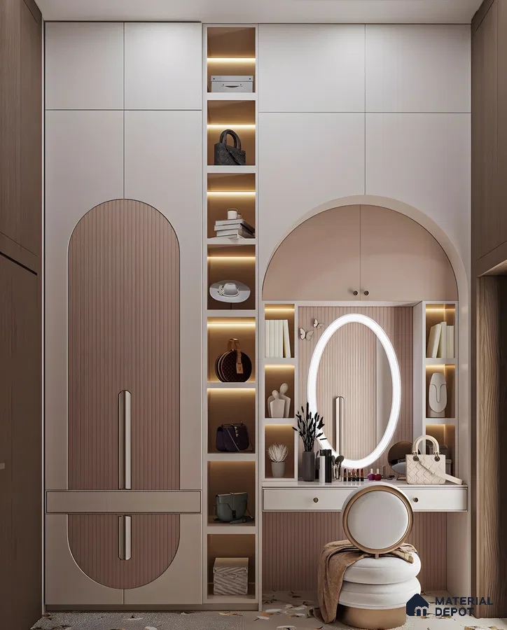 Modern Dressing Room with Arched Doors and Vanity | Material Depot