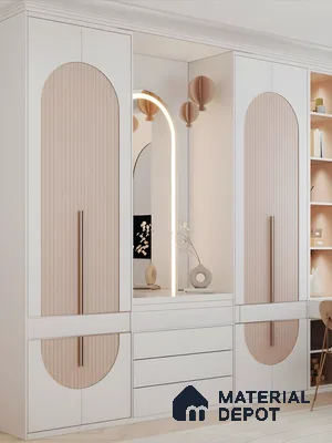 Modern Dressing Unit With Arched Fluted Panels, Integrated Mirror, And White & Beige Wood Finish | Material Depot