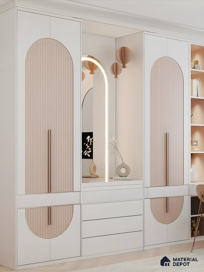 Modern Dressing Unit With Arched Fluted Panels, Integrated Mirror, And White & Beige Wood Finish | Material Depot