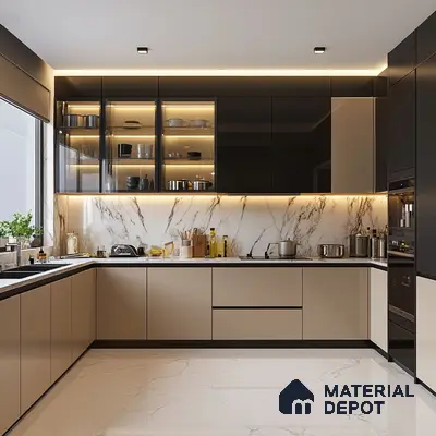 Modern dual tone kitchen with beige and black high gloss laminate, white marble backsplash, and marble floor tiles in Bengaluru | Material Depot