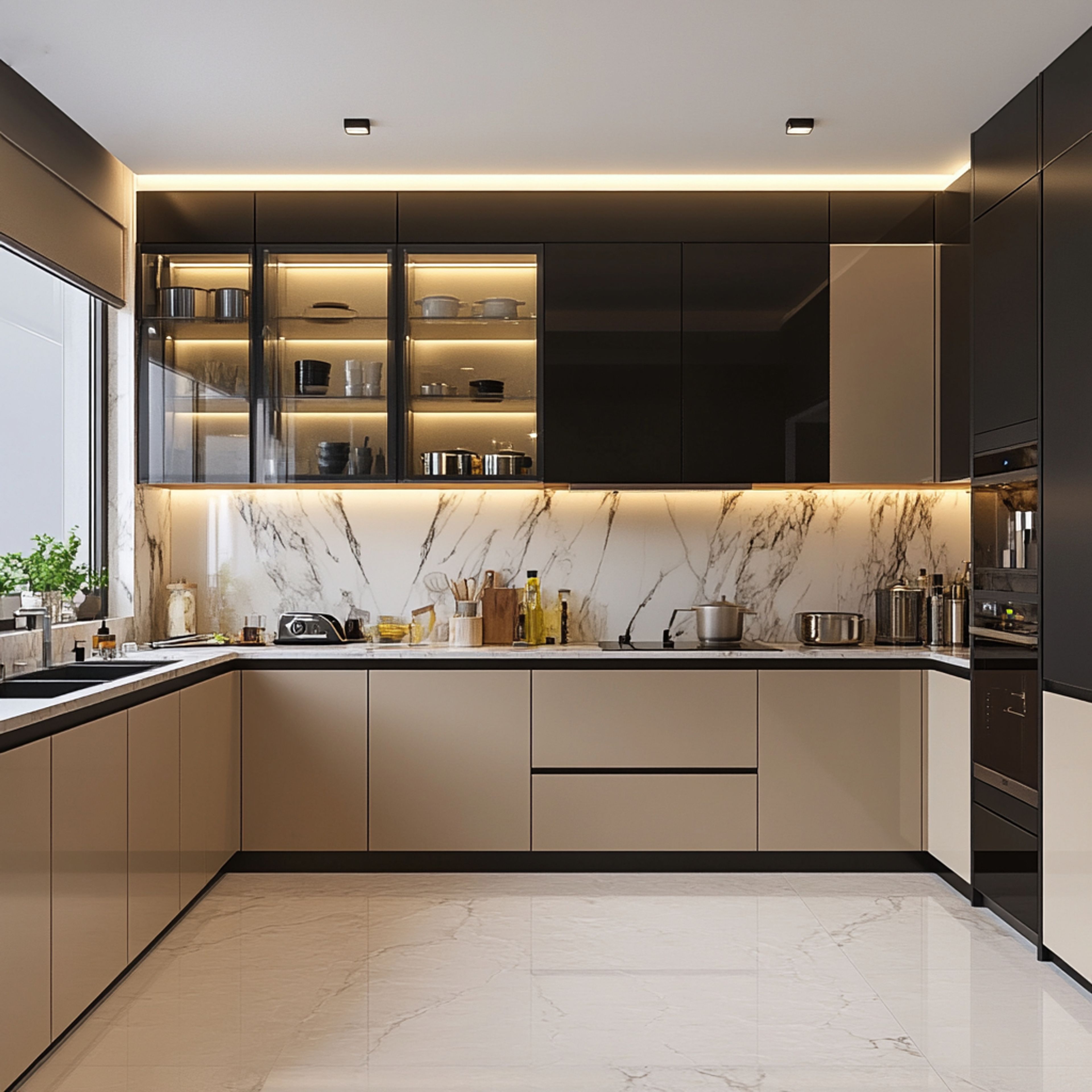 Modern dual tone kitchen with beige and black high gloss laminate, white marble backsplash, and marble floor tiles in Bengaluru | Material Depot