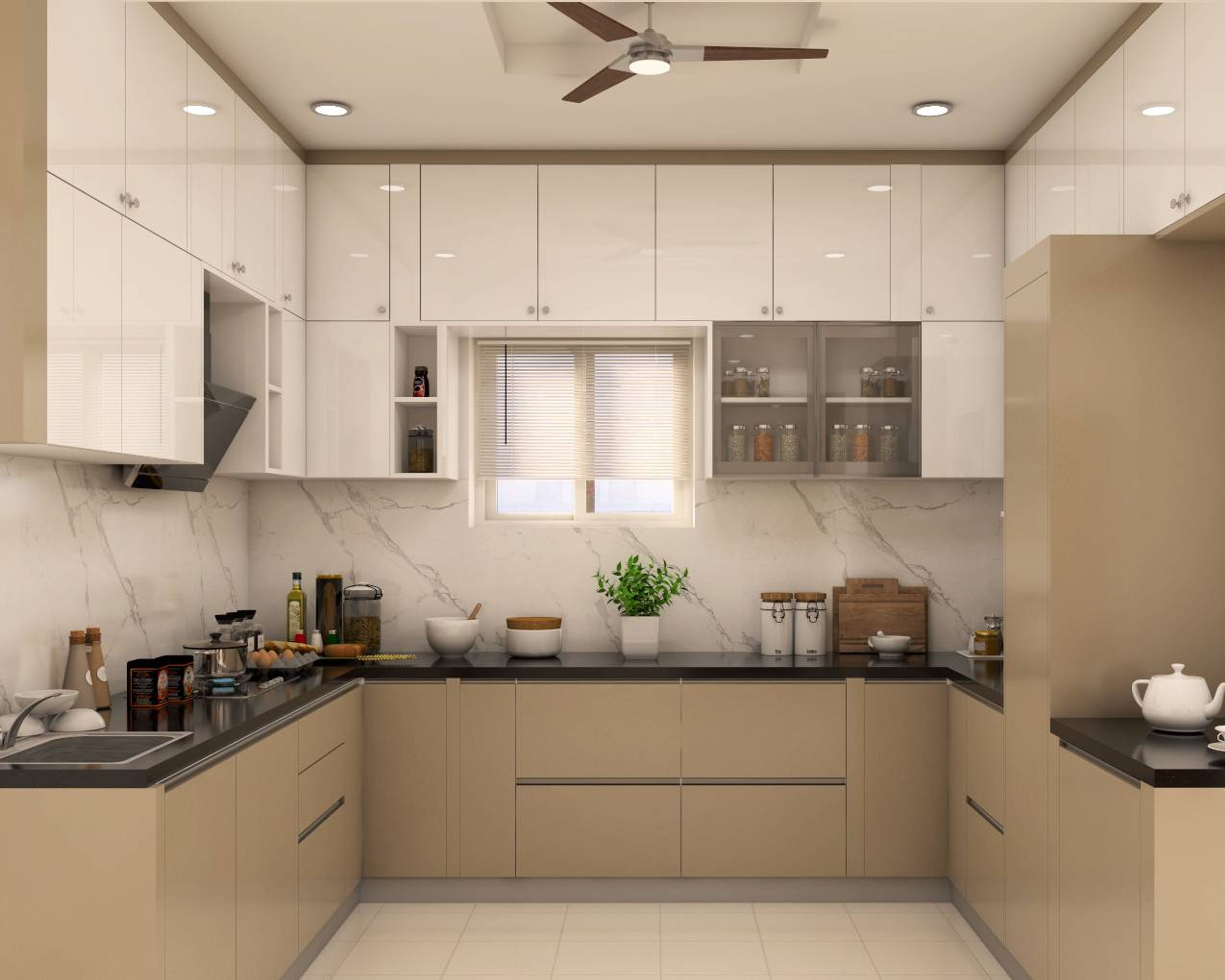 Modern dual tone kitchen with beige and frosty white high gloss laminate, marble-look backsplash, and black quartz countertop in Bengaluru | Material Depot