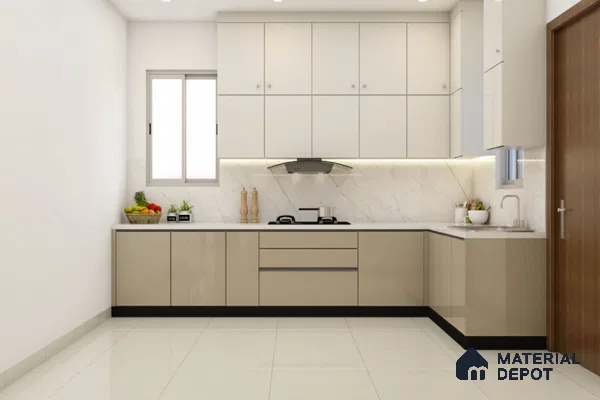 Modern dual tone kitchen with beige and frosty white high gloss laminate, marble-look backsplash, and white quartz countertop in Bengaluru | Material Depot