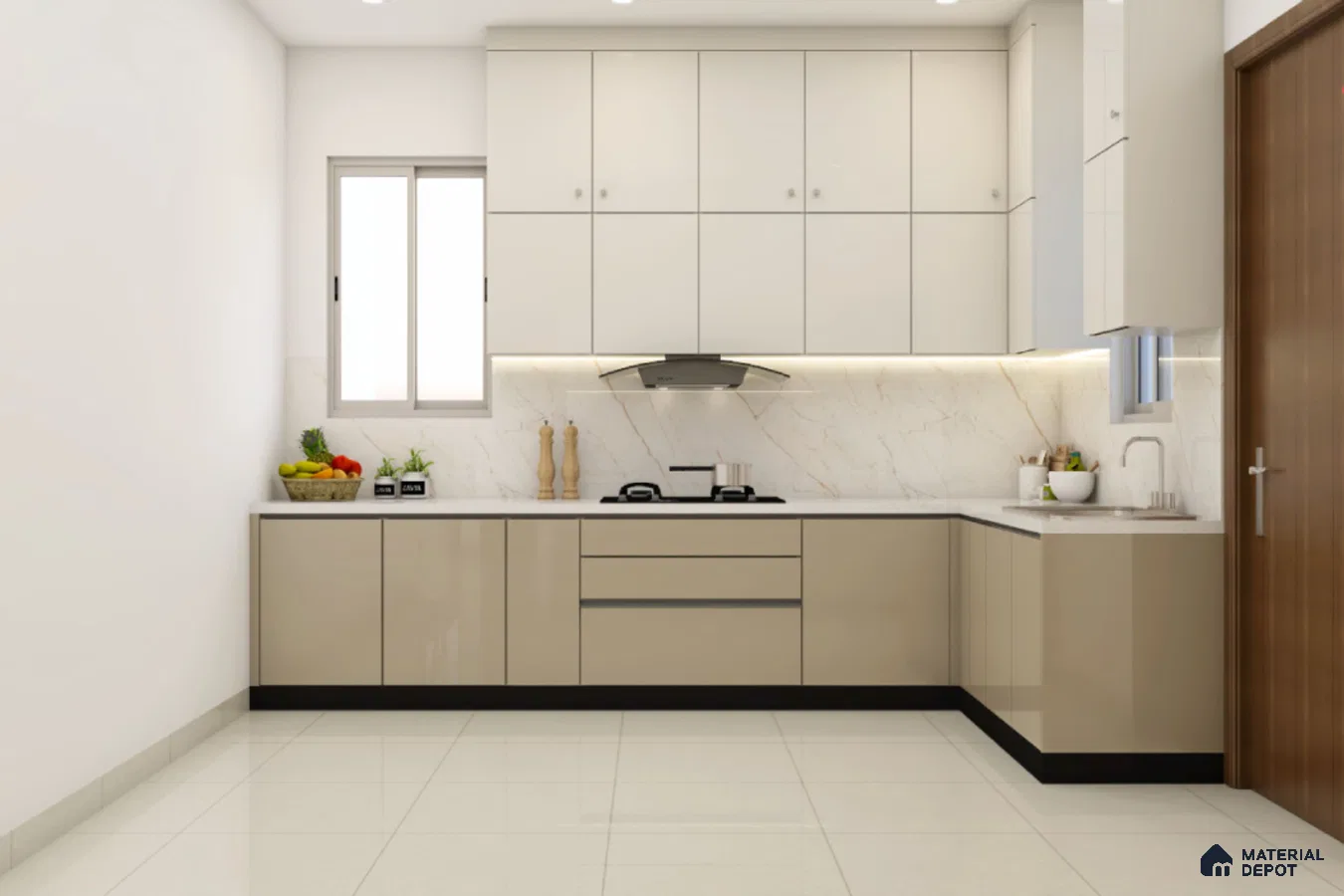 Modern dual tone kitchen with beige and frosty white high gloss laminate, marble-look backsplash, and white quartz countertop in Bengaluru | Material Depot