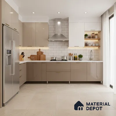 Modern dual tone kitchen with beige and frosty white high gloss laminate, white quartz countertop, and subway tile backsplash in Bengaluru
