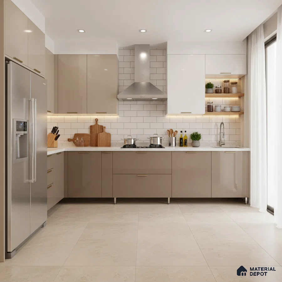 Modern dual tone kitchen with beige and frosty white high gloss laminate, white quartz countertop, and subway tile backsplash in Bengaluru