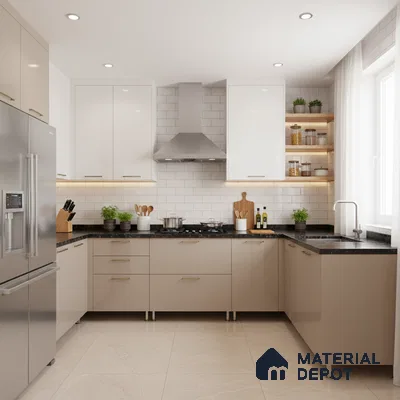 Modern dual tone kitchen with beige and frosty white laminate, black granite countertop, and white subway backsplash tiles in Bengaluru