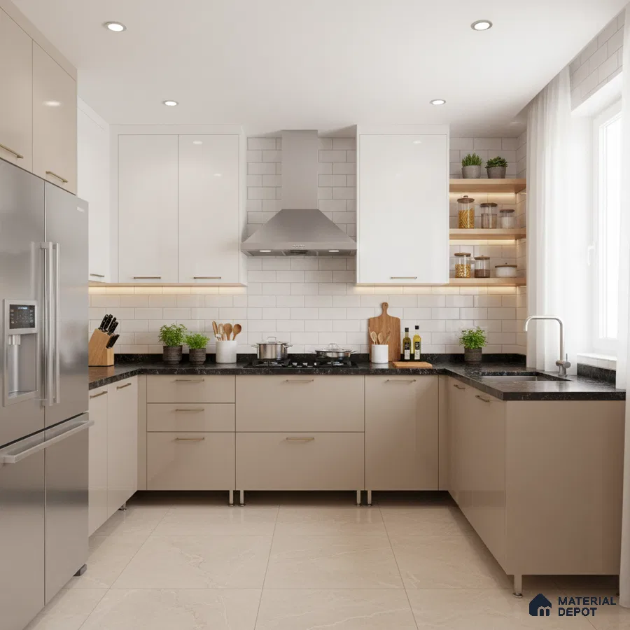 Modern dual tone kitchen with beige and frosty white laminate, black granite countertop, and white subway backsplash tiles in Bengaluru