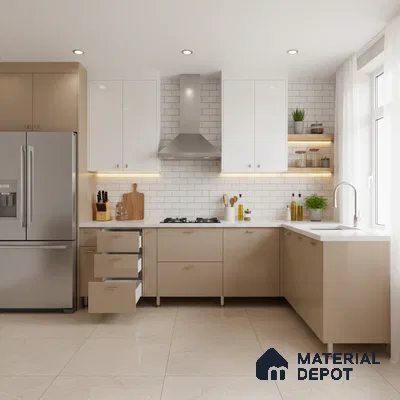 Modern dual tone kitchen with beige and frosty white laminate, white quartz countertop, and subway tile backsplash in Bengaluru