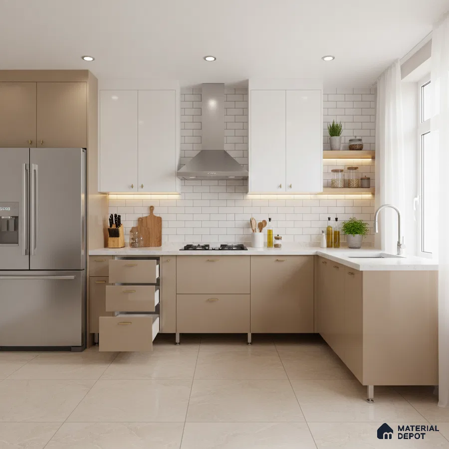 Modern dual tone kitchen with beige and frosty white laminate, white quartz countertop, and subway tile backsplash in Bengaluru