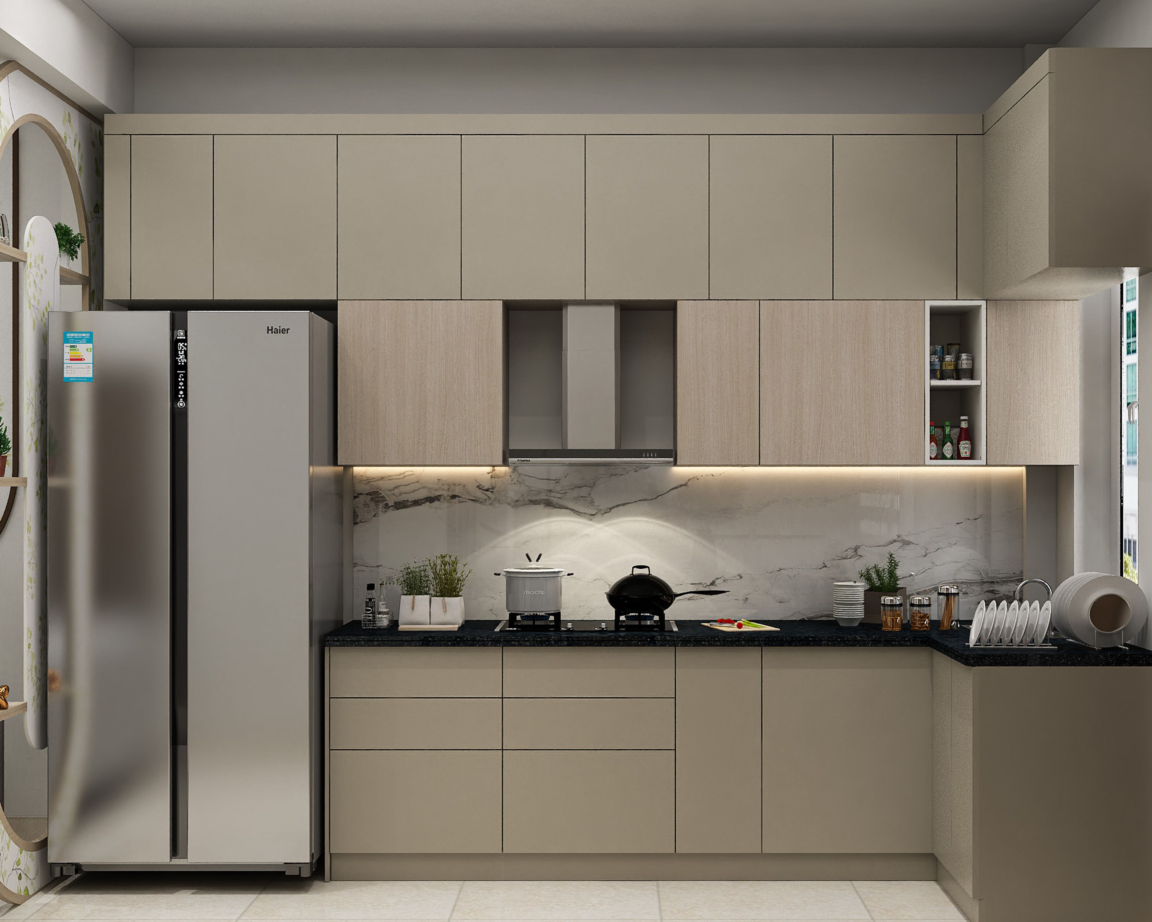Modern dual tone kitchen with beige and light oak laminate, marble-look backsplash, and black granite countertop in Bengaluru | Material Depot
