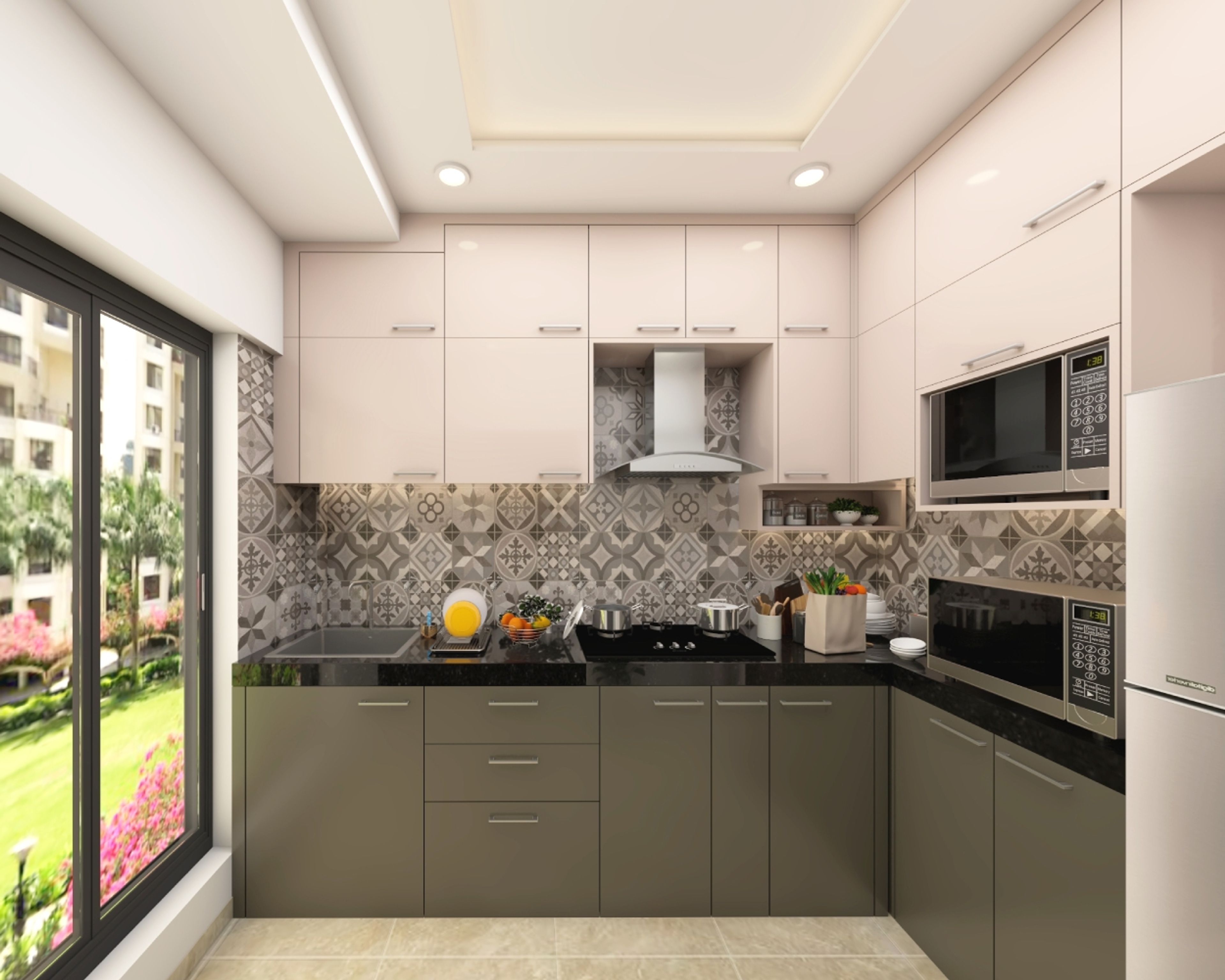 Modern dual tone kitchen with beige and olive laminate, black granite countertop, and patterned grey backsplash tiles in Bengaluru | Material Depot