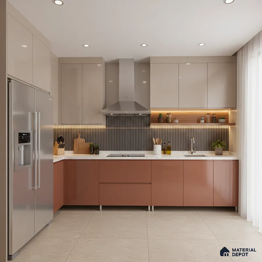 Modern dual tone kitchen with beige and terracotta glossy laminate, white quartz countertop, and vertical fluted backsplash tile in Bengaluru