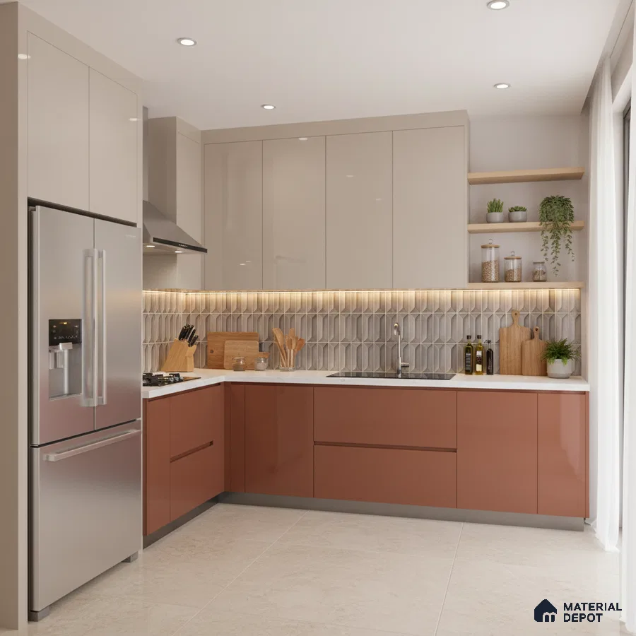 Modern dual tone kitchen with beige and terracotta high gloss laminate, geometric backsplash tile, and white quartz countertop in Bengaluru