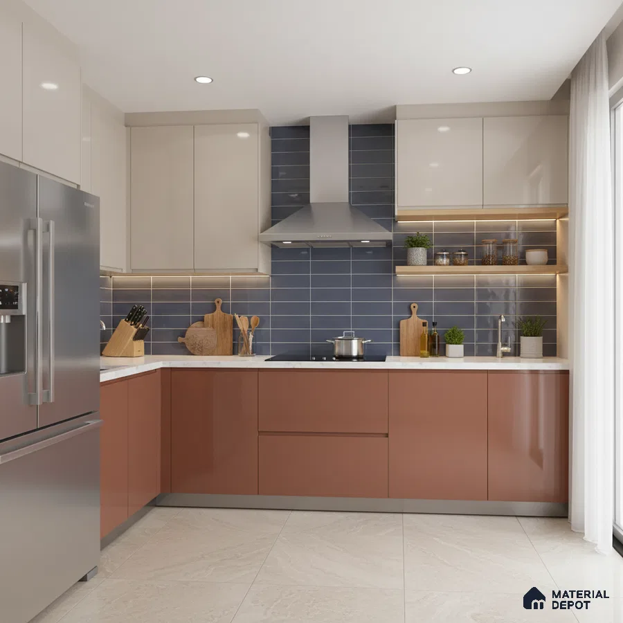 Modern dual tone kitchen with beige and terracotta laminate, blue subway backsplash tile, and white quartz countertop in Bengaluru