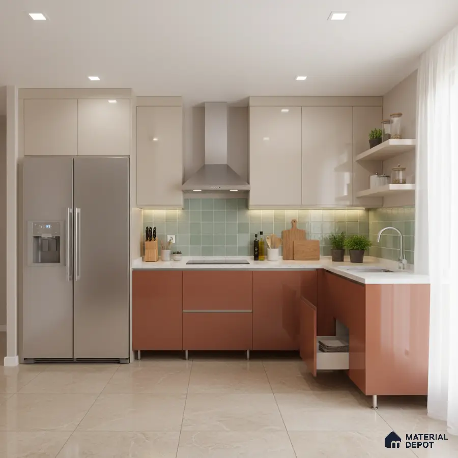 Modern dual tone kitchen with beige and terracotta laminate, mint green subway backsplash, and white quartz countertop in Bengaluru