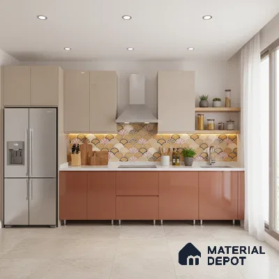 Modern dual tone kitchen with beige and terracotta laminate, scallop patterned backsplash tile, and white quartz countertop in Bengaluru
