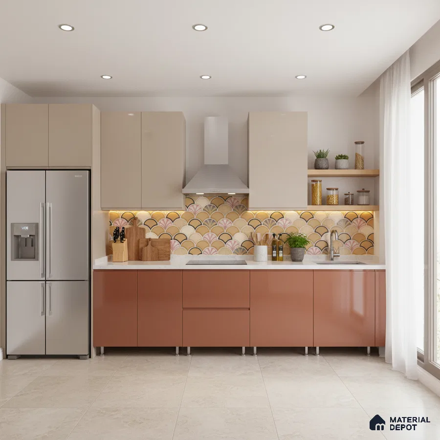 Modern dual tone kitchen with beige and terracotta laminate, scallop patterned backsplash tile, and white quartz countertop in Bengaluru