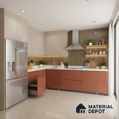 Modern dual tone kitchen with beige and terracotta laminate, white quartz countertop, and herringbone brown backsplash tile in Bengaluru