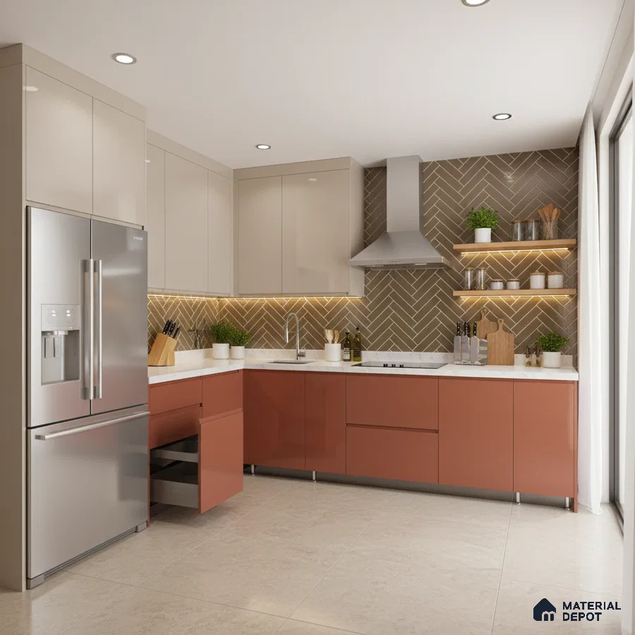Modern dual tone kitchen with beige and terracotta laminate, white quartz countertop, and herringbone brown backsplash tile in Bengaluru