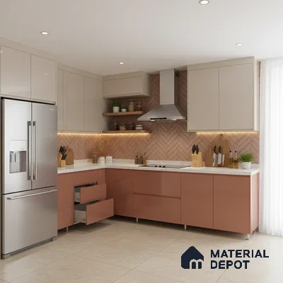 Modern dual tone kitchen with beige and terracotta laminate, white quartz countertop, and herringbone peach backsplash tile in Bengaluru