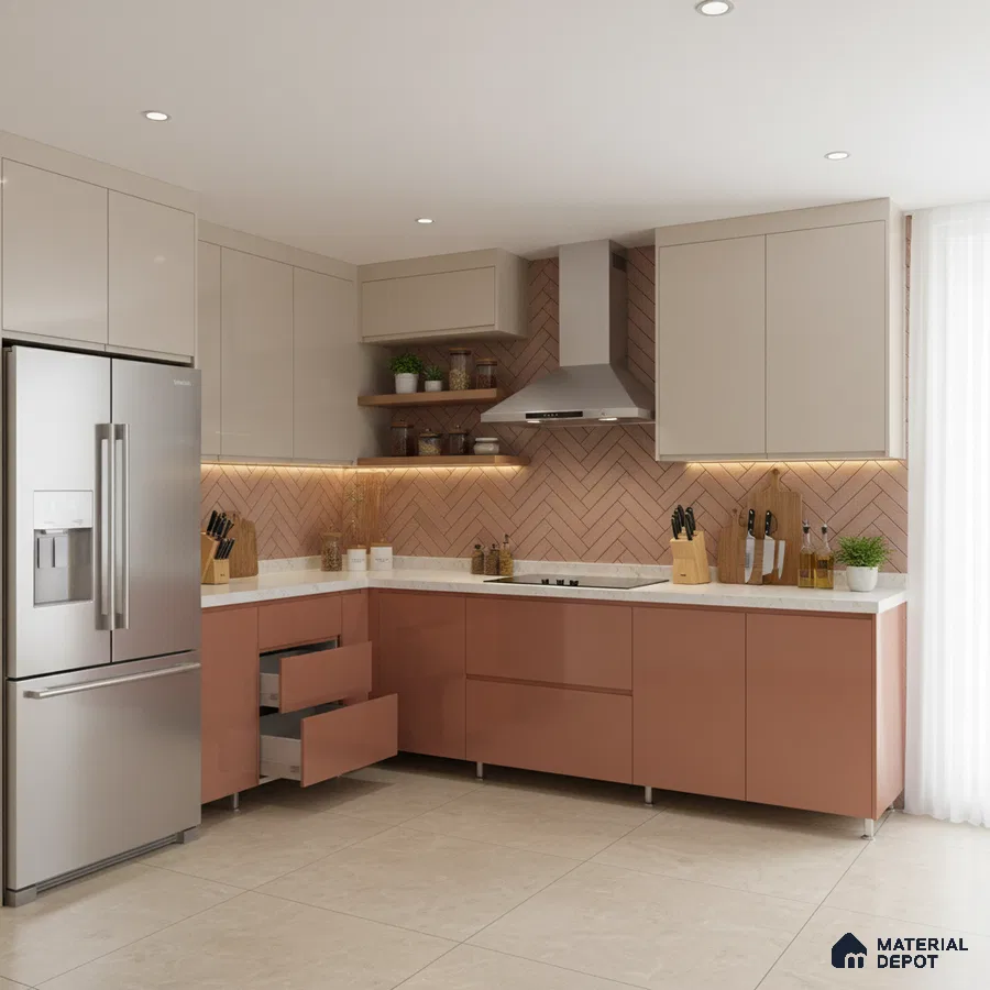 Modern dual tone kitchen with beige and terracotta laminate, white quartz countertop, and herringbone peach backsplash tile in Bengaluru