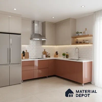Modern dual tone kitchen with beige and terracotta laminate, white quartz countertop, and subway tile backsplash in Bengaluru