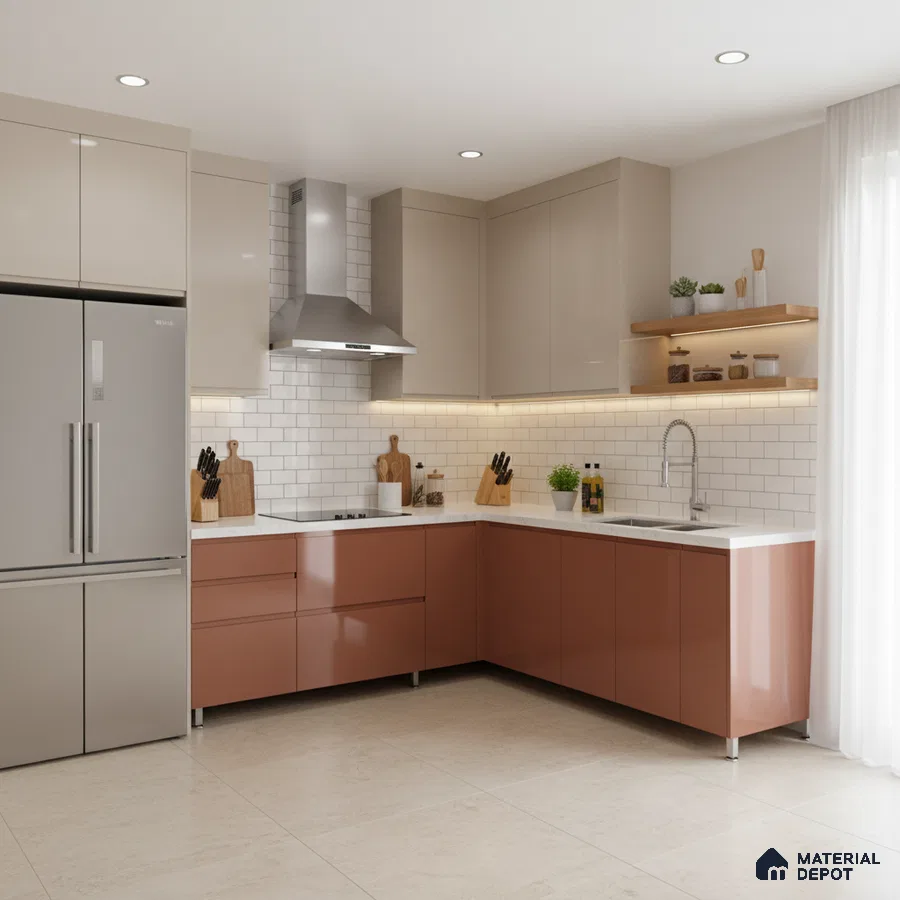 Modern dual tone kitchen with beige and terracotta laminate, white quartz countertop, and subway tile backsplash in Bengaluru