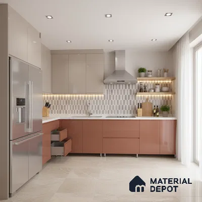 Modern dual tone kitchen with beige and terracotta laminate, white quartz countertop, and vertical geometric backsplash tile in Bengaluru