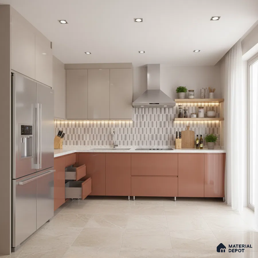 Modern dual tone kitchen with beige and terracotta laminate, white quartz countertop, and vertical geometric backsplash tile in Bengaluru