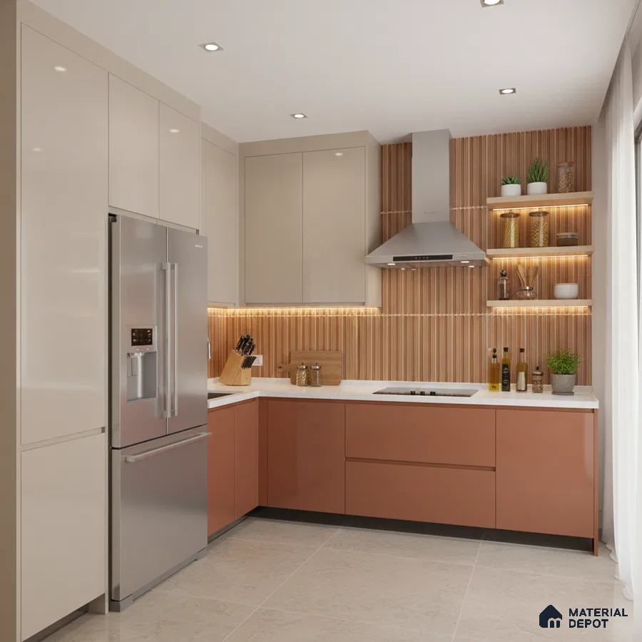 Modern dual tone kitchen with beige and terracotta laminate, white quartz countertop, and vertical wood-look backsplash tile in Bengaluru