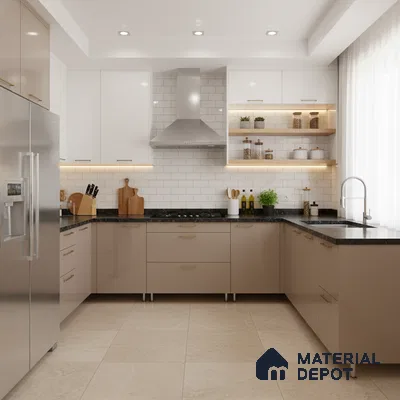 Modern dual tone kitchen with beige and white laminate, black granite countertop, and subway tile backsplash in Bengaluru