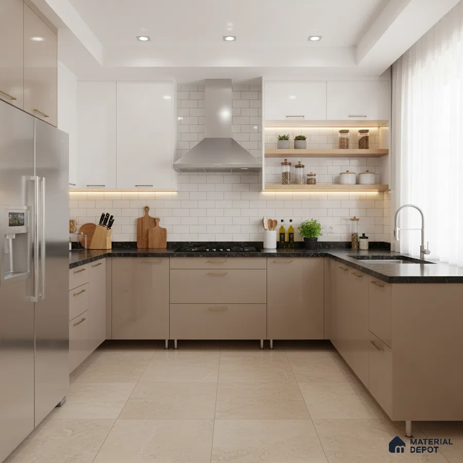 Modern dual tone kitchen with beige and white laminate, black granite countertop, and subway tile backsplash in Bengaluru