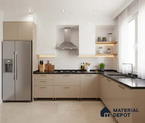 Modern dual tone kitchen with beige and white laminate, black granite countertop, and white subway backsplash tiles in Bengaluru