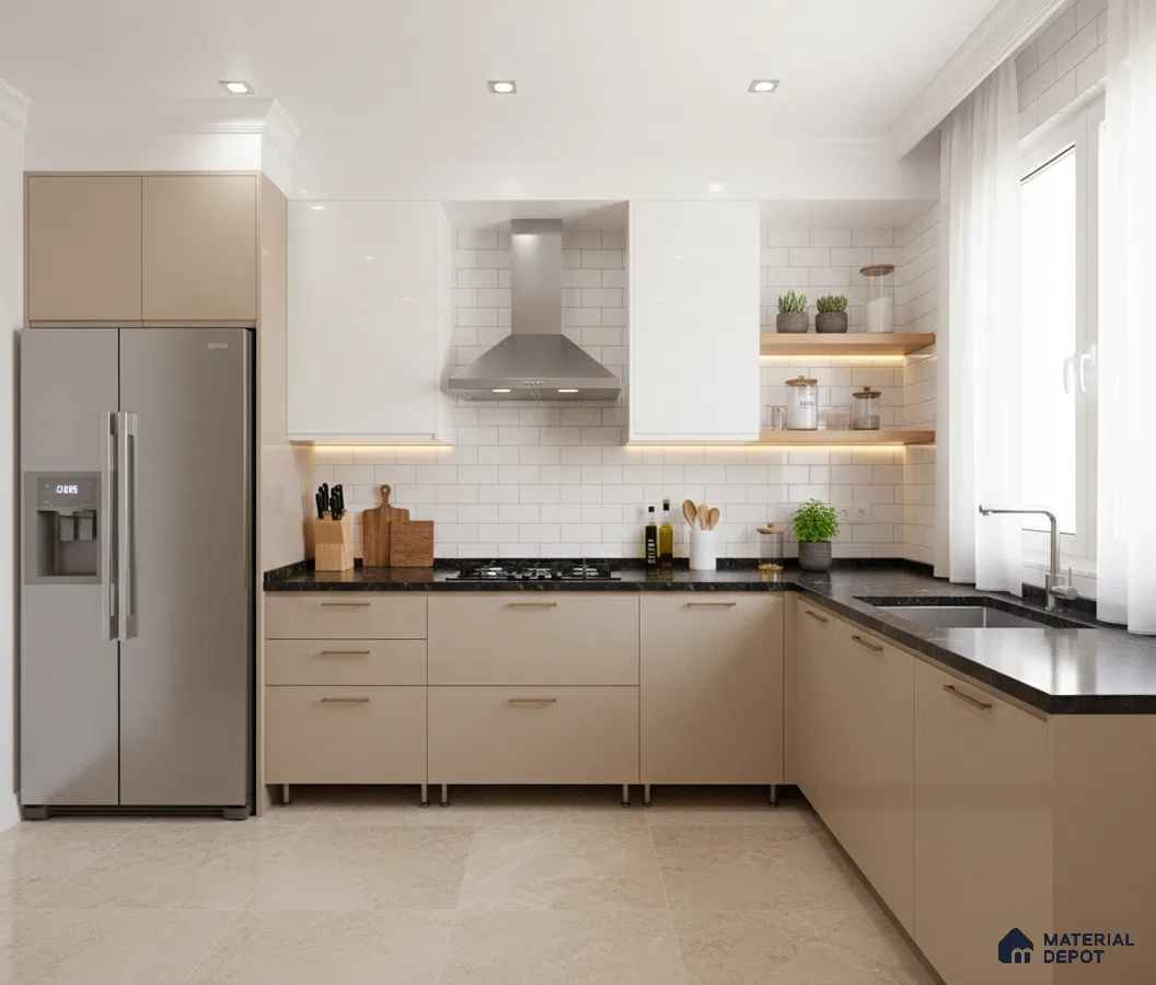 Modern dual tone kitchen with beige and white laminate, black granite countertop, and white subway backsplash tiles in Bengaluru