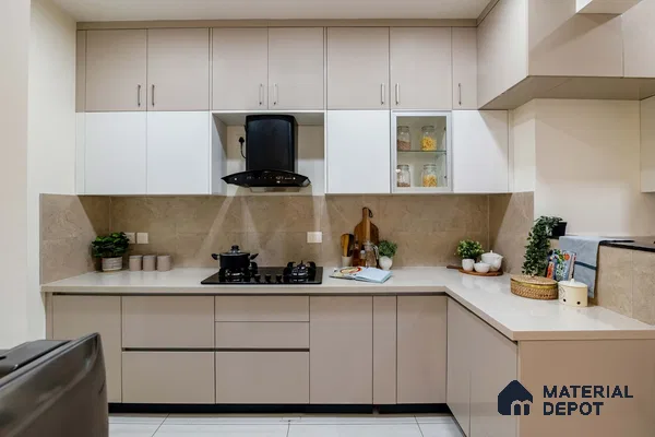 Modern dual tone kitchen with beige and white laminate cabinets and beige stone backsplash in Bengaluru | Material Depot